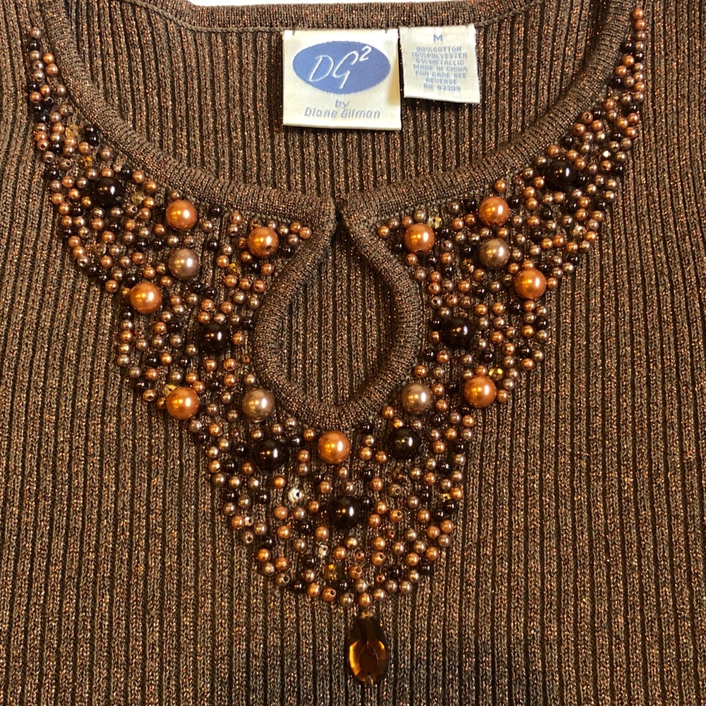 Dg2 by Diane Gilman Vintage Brown Copper Metallic Shimmer Beaded Keyhole Top